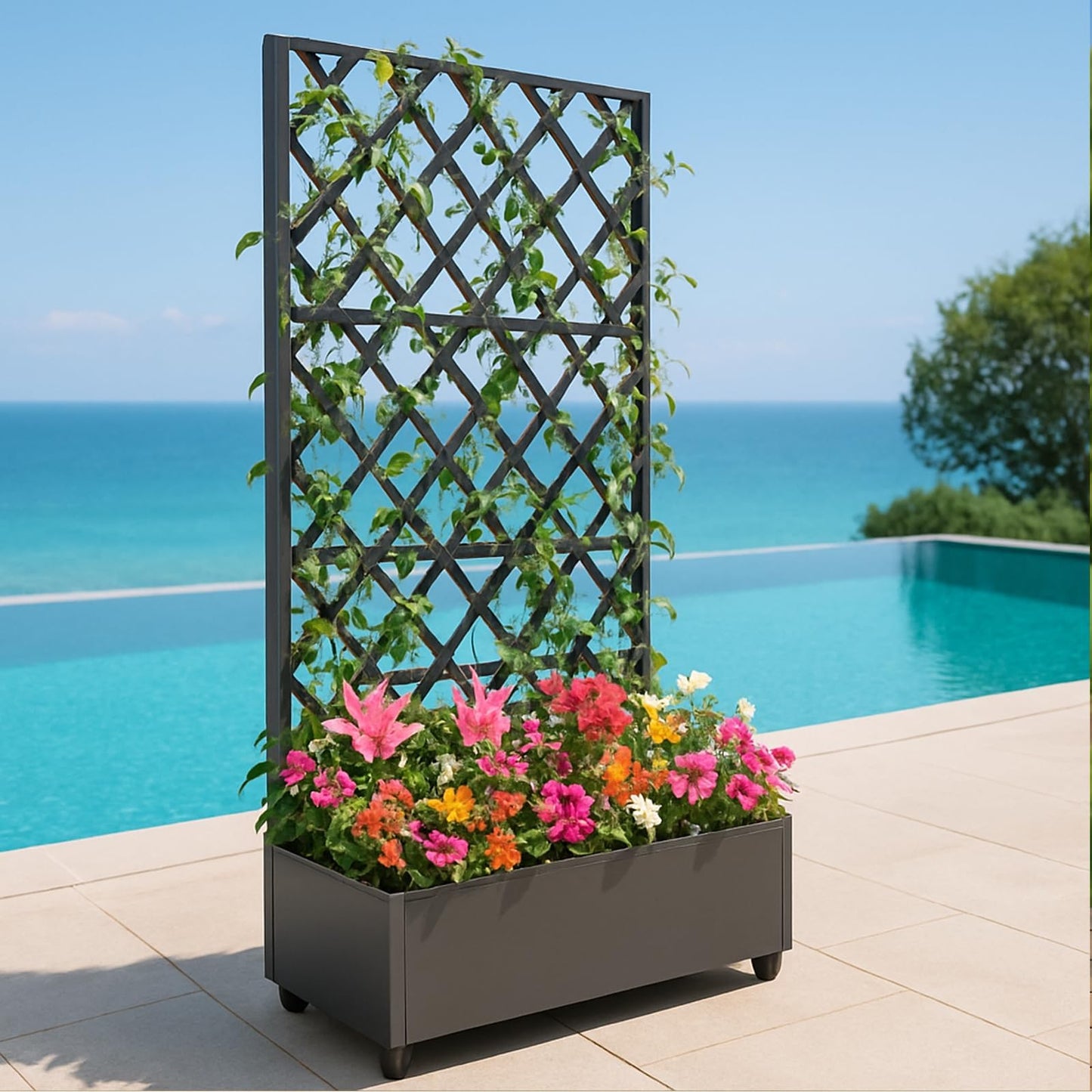 IDEALHOUSE 72"x47" Galvanized Raised Garden Bed with Diamond Trellis, 12" Deep Planter Box on Locking Wheels, Drainage Holes for Climbing Plants, Flowers, Patio, Balcony & Small Spaces, Black