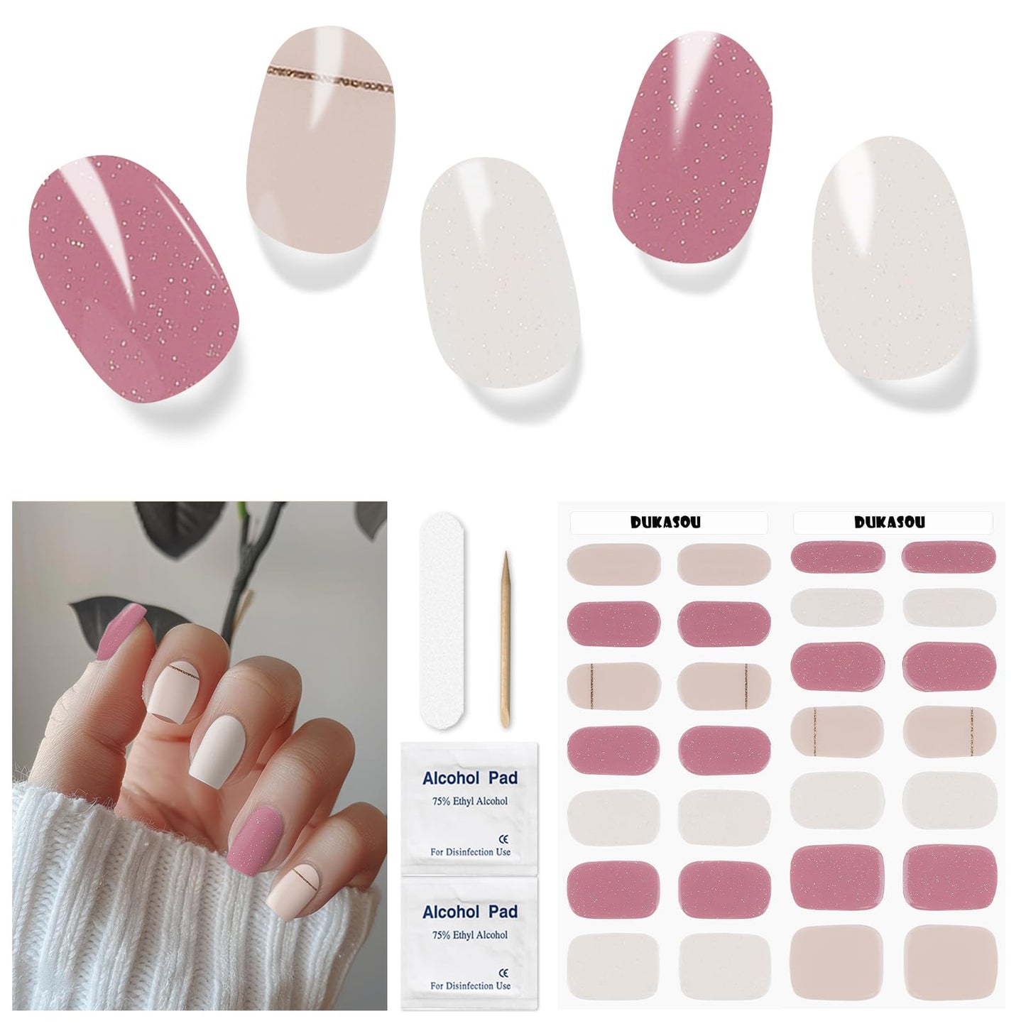DUKASOU Semi Cured Gel Nail Strips 28 pcs Glitter Nail Stickers for Women (Peach Pink) Full Nail Wraps -UV Lamp Required Long Lasting Easy to Apply