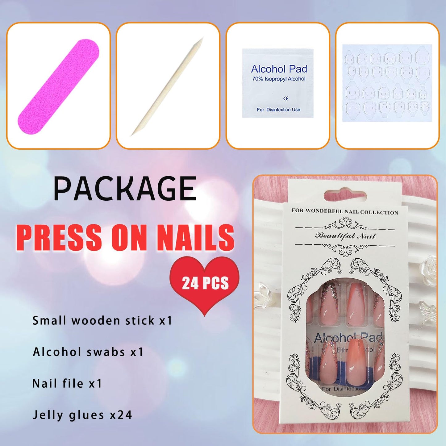 Coffin Press on Nails Medium Light Pink Fake Nails with Glue Orange Gradient Glitter Designs French Glue on Nails Medium Length Pink Full Cover Acrylic False Nails for Women 24 Pcs