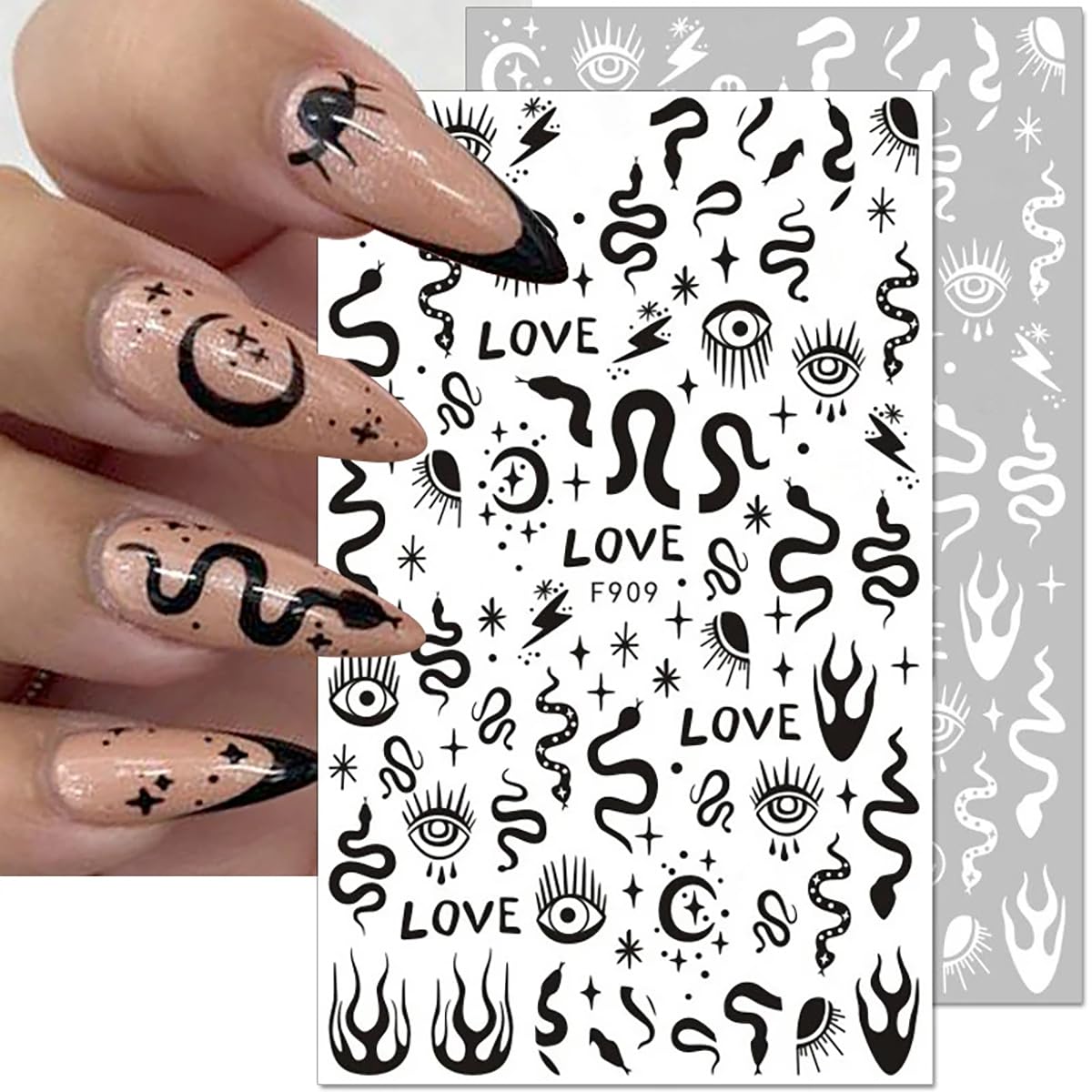 10Pcs Gothic Nail Stickers 3D Self-Adhesive Black White Nail Art Stickers Rose Leaf Snake Moon Star Design Nail Decoration Horror Eyes Nail Decals Flame Butterfly Nail Supplies for Acrylic Nail DIY