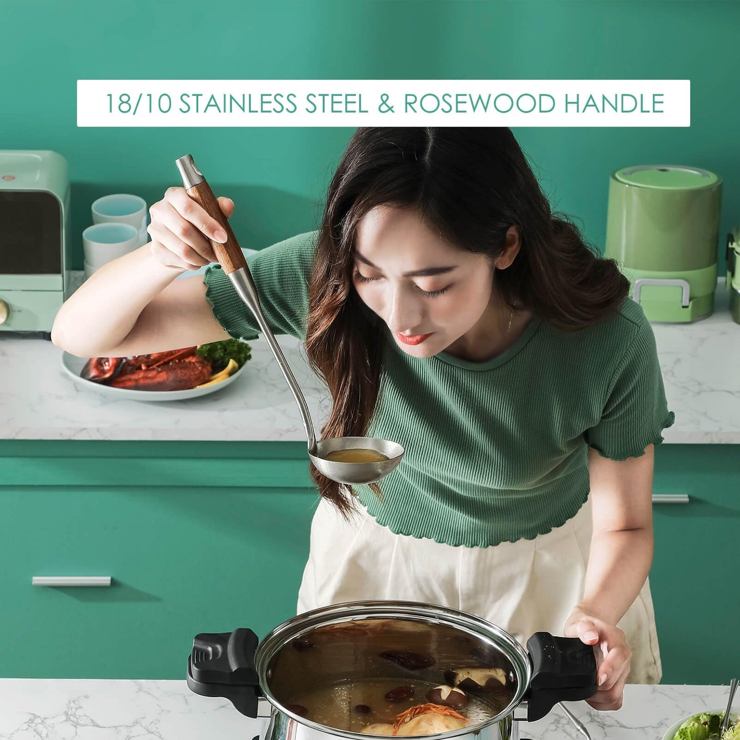 18/10 Stainless Steel Kitchen Utensils Set with Wood Handle - 15”Metal Cooking Tools & Serving Utensil, 8-Pieces Cooking Spoons Set - Spatula, Ladle, Skimmer, Turner, Pasta, Solid Spoon, Slotted Spoon