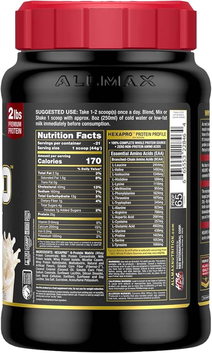 ALLMAX HEXAPRO, French Vanilla - 2 lb - 25 Grams of Protein Per Serving - 8-Hour Sustained Release - Zero Sugar - 21 Servings