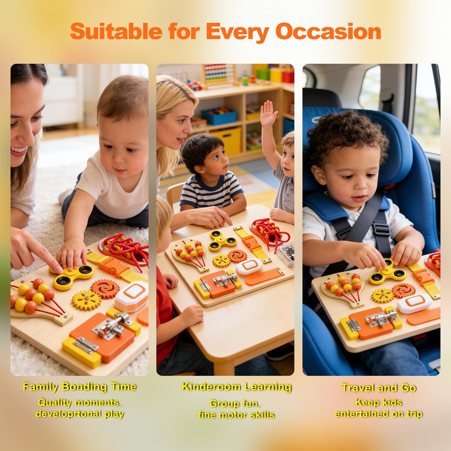 SEYTUFU Montessori Busy Board for Toddlers, Wooden Sensory Toys Autistic Children, Travel Toys for Educational Fidget Board with Switches & Music Boxes, Fidget Spinner, Locks for 3+ Year Kids Gifts.