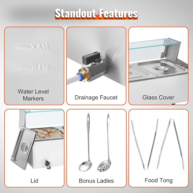 VEVOR 5-Pan Commercial Food Warmer, 5 x 12QT Electric Steam Table with Glass Cover, 1700W Countertop Stainless Steel Buffet Bain Marie 86-185°F Temp Control for Catering, Restaurants, Silver