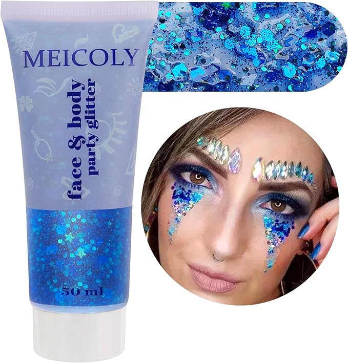 MEICOLY Blue Face Body Glitter,Halloween Face Glitter Gel,Festival Rave Accessories,Patriotic Veterans Day Independence Day 4th of July Pride Face Paint Makeup,Sparkling Mermaid Body Glitter for Women