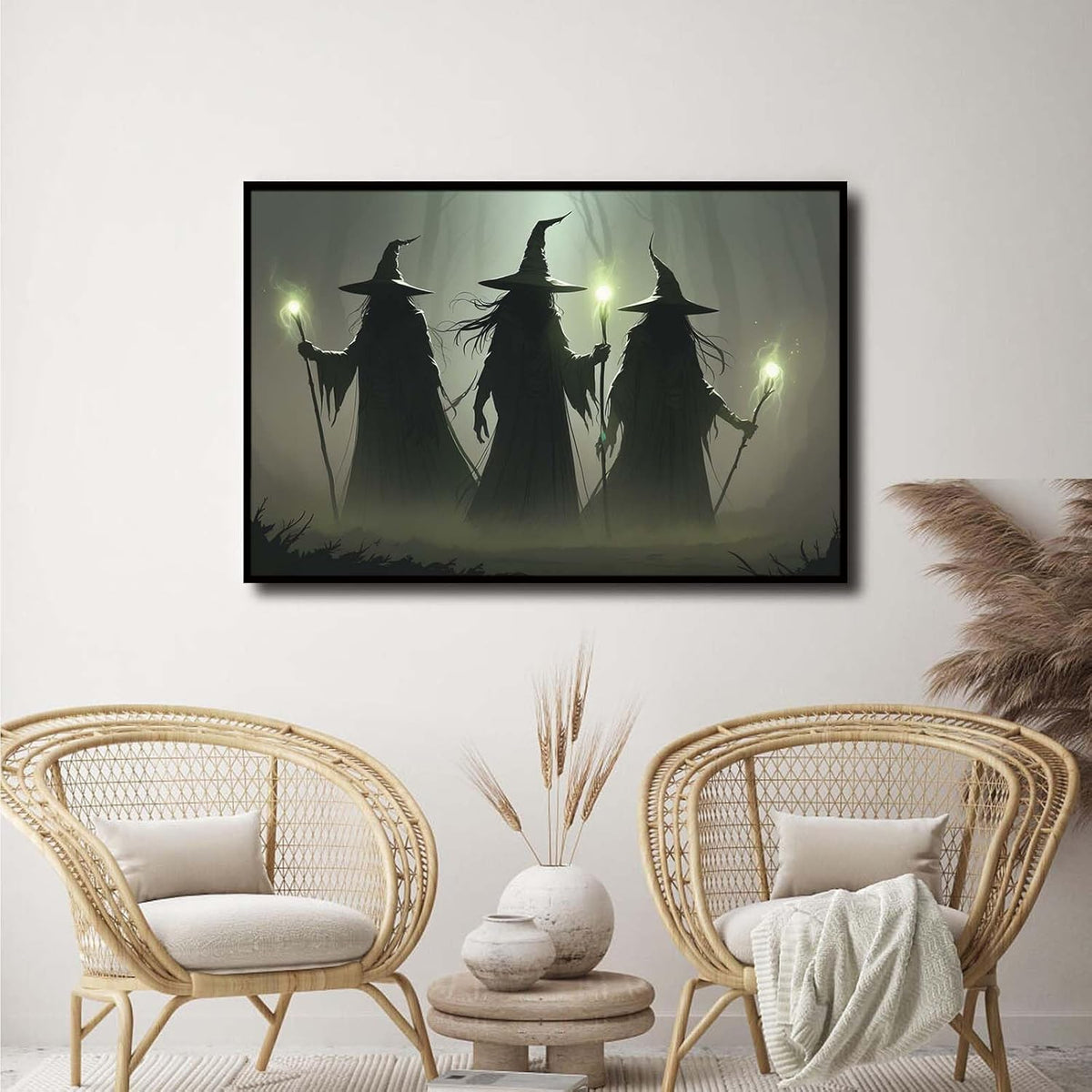 JFHCQJPK Vintage 3 witches canvas wall decor melancholy dark Halloween poster wall decor holding a staff print Gothic horror Halloween painting print for living room bedroom16x24in Metal blackFramed