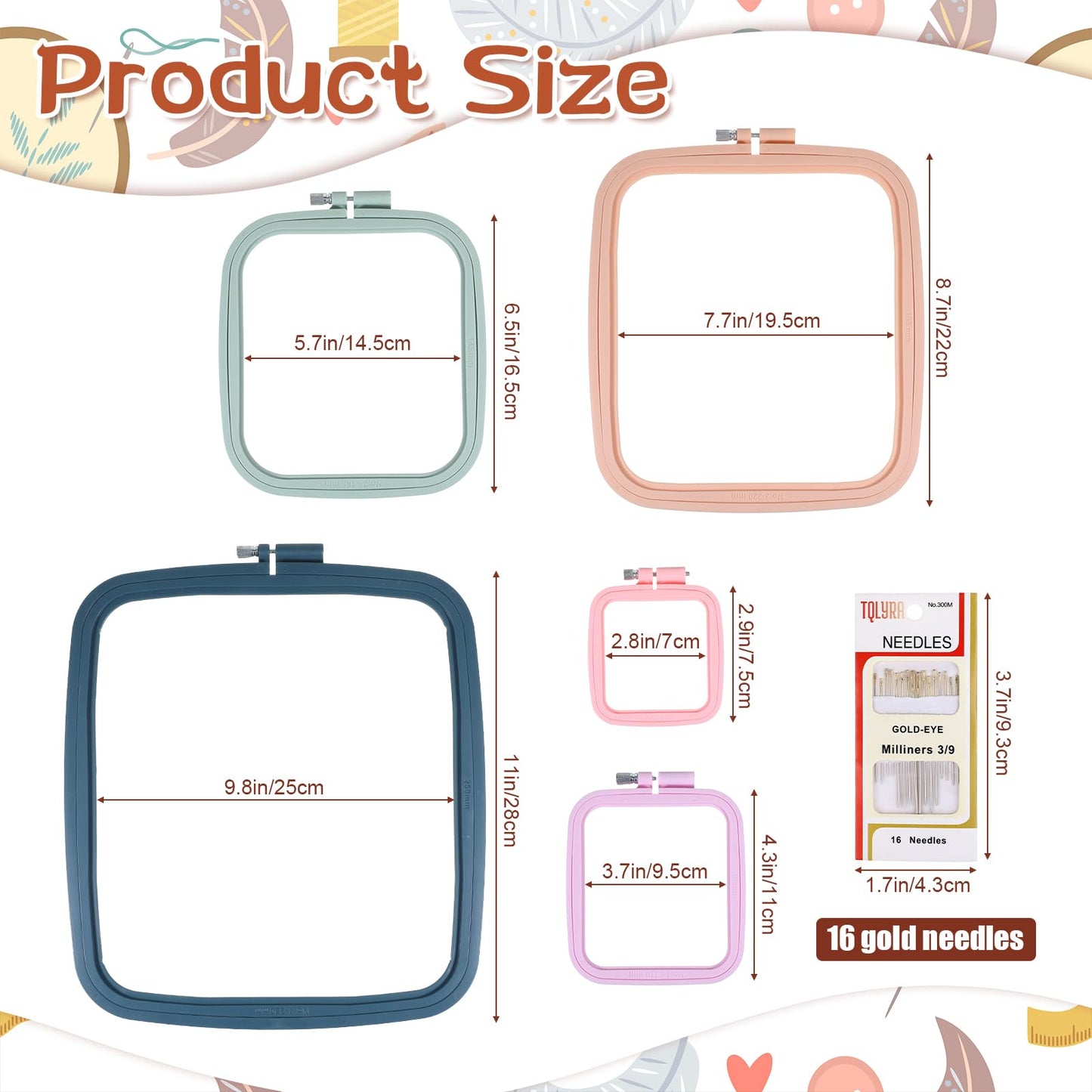 Yuanan 5 Pack 5 Sizes Square Embroidery Hoop, Plastic Embroidery Hoops Cross Stitch Hoops Reusable Embroiderys Hoop for Sewing, Needlework, DIY Projects-2.9"/4.3"/6.5"/7.7"/11"