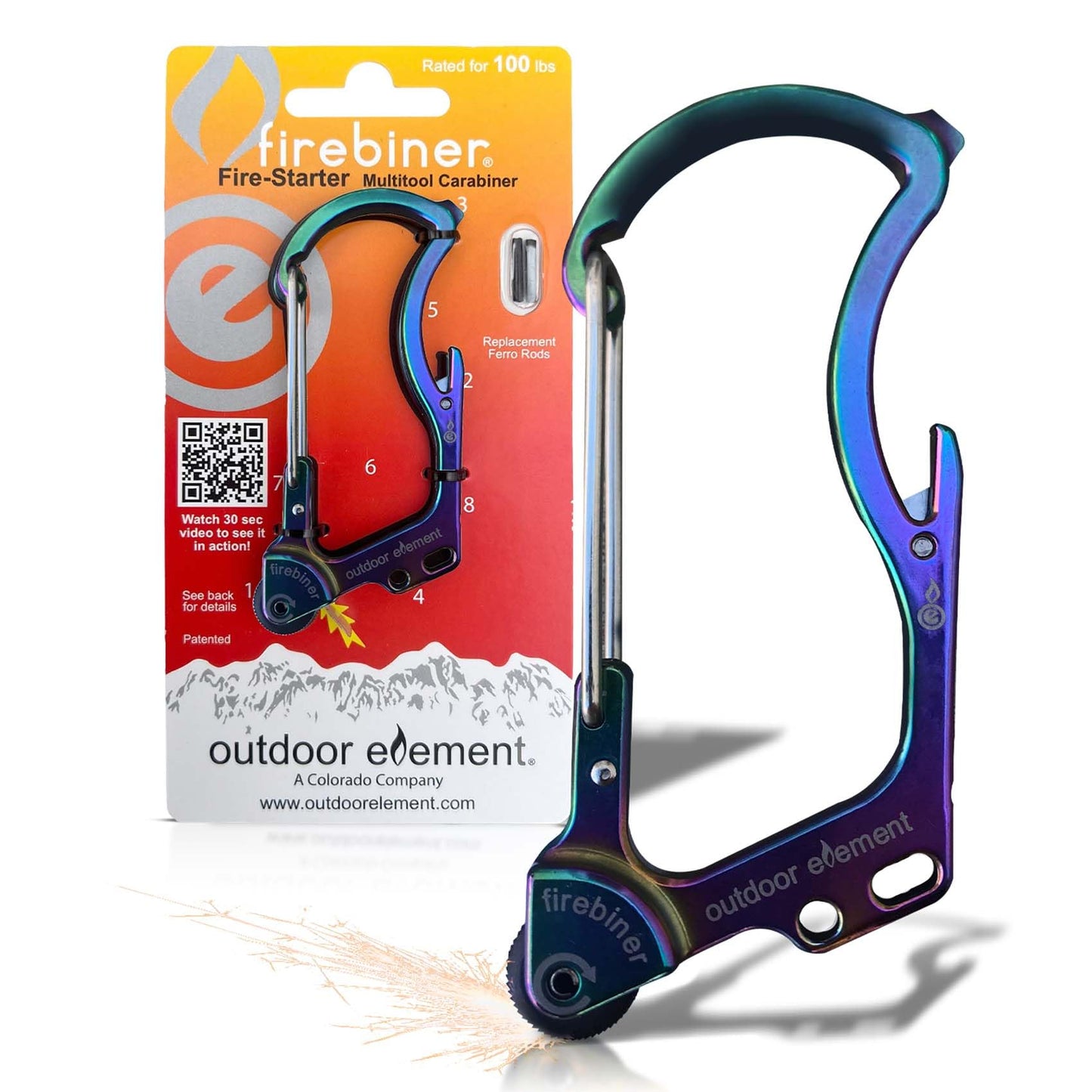OUTDOOR ELEMENT Firebiner® 6-in-1 Survival Multitool Carabiner EDC Keychain with EverSpark™ Fire Starter, Utility Blade, Bottle Opener & Screwdriver – Unique Gift for Outdoor Adventure – Blue River