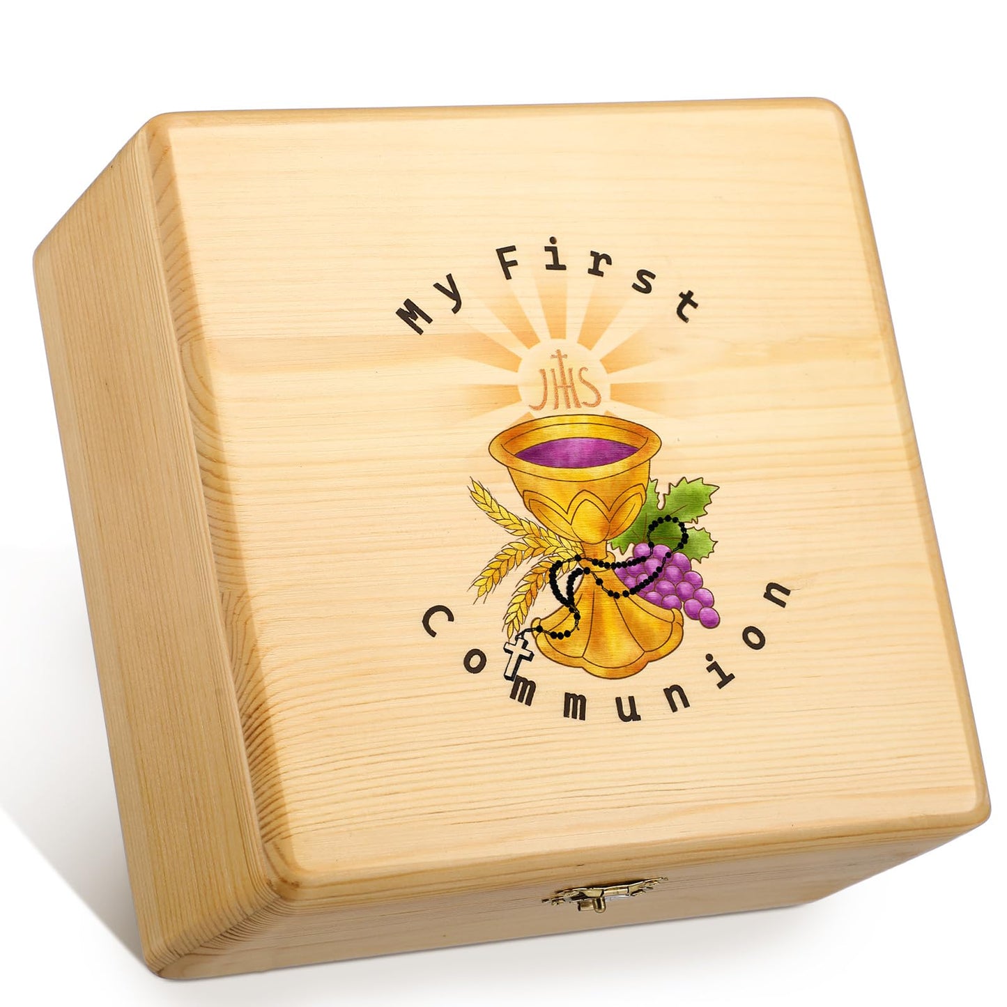 Wonderjune First Communion Wooden Keepsake Box First Holy Communion Gift Cross Rosary Jewelry Box Baptism Gift Memory Storage Box(7.7 x 7.7 x 4 Inches)