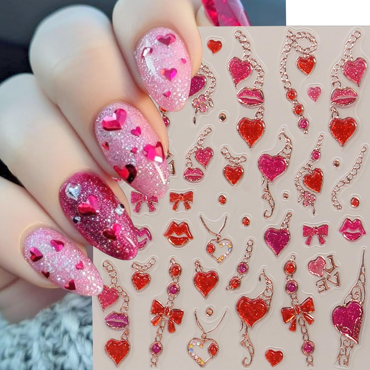 2 Sheets 5D Embossed Valentines Nail Art Stickers Glitter Pink Red Heart Bow Red Lips Nail Decals Love Key Chain Nail Design Stickers Self-Adhesive Romantic Valentine's Nails Supply for Women Manicure