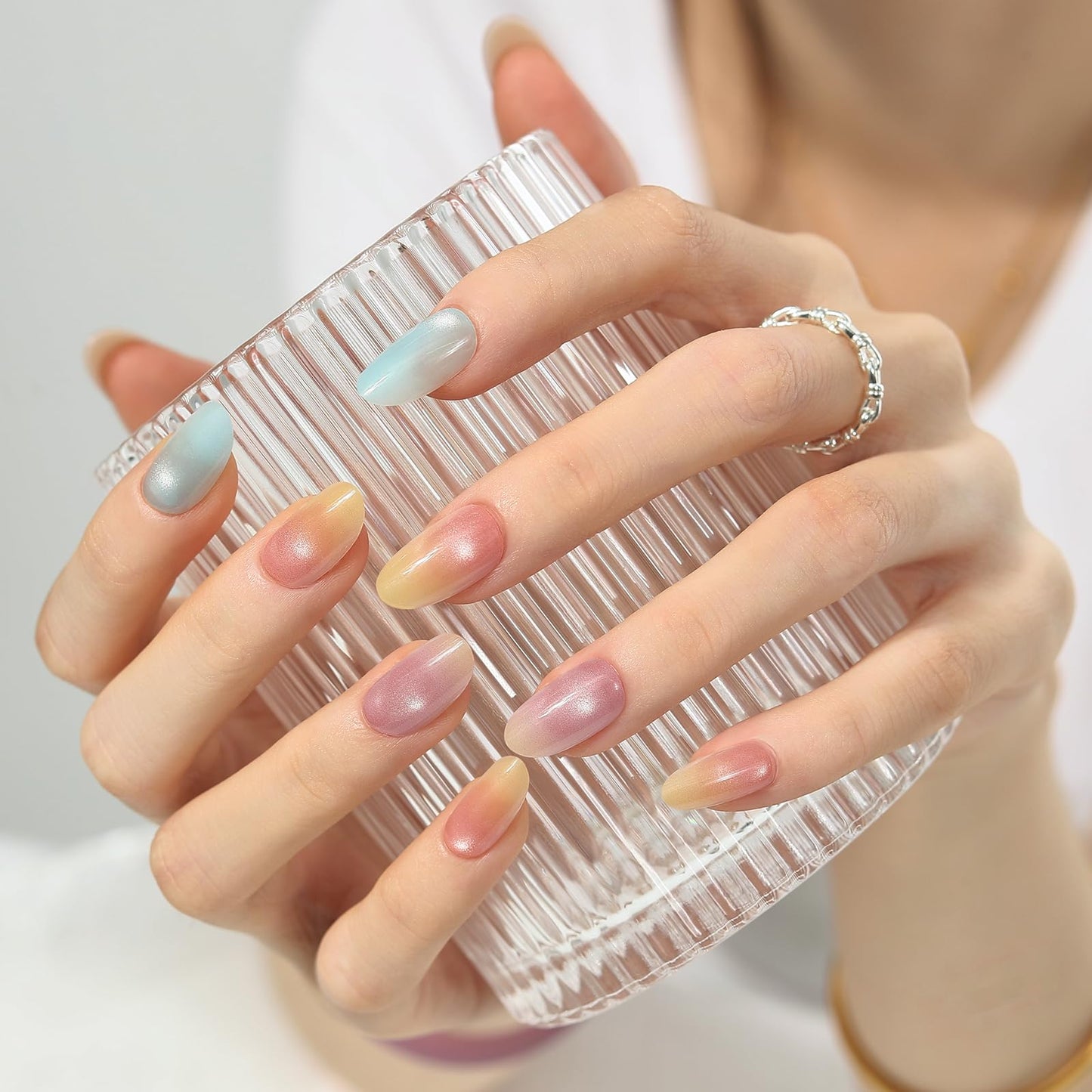 Press on Nails Short Oval Ombre 2 Pack, Macaron Rainbow | Rust Olive Glitter Nail Press ons- 60Pcs Stick on Nails Kit, Reusable False Nails for Women (L1516_2224)
