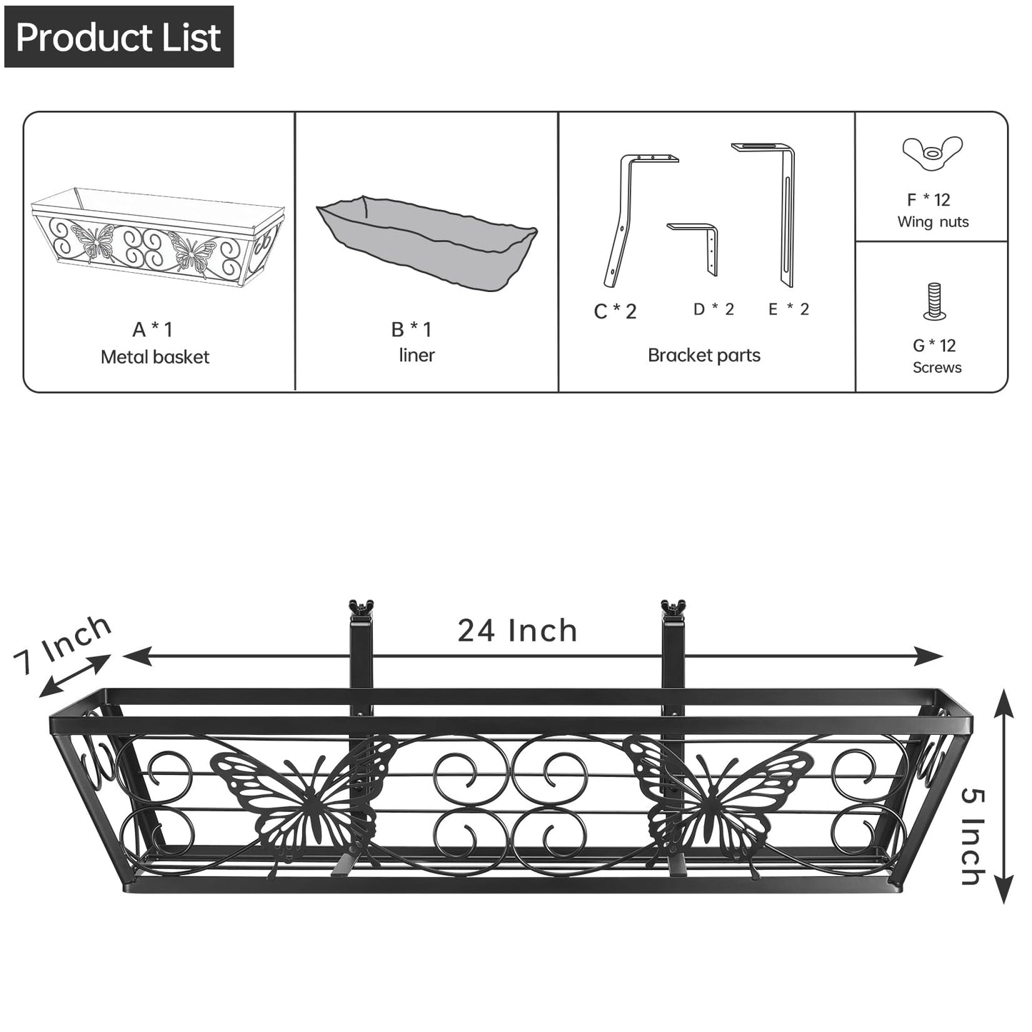 Karlliu 2 Pack 24 Inch Window Boxes Planters Railing Planter Box with Adjustable Brackets for Porch Fence Patio Balcony Hanging Flower Baskets with Woven Fabric for Outdoor Garden Decor - Black