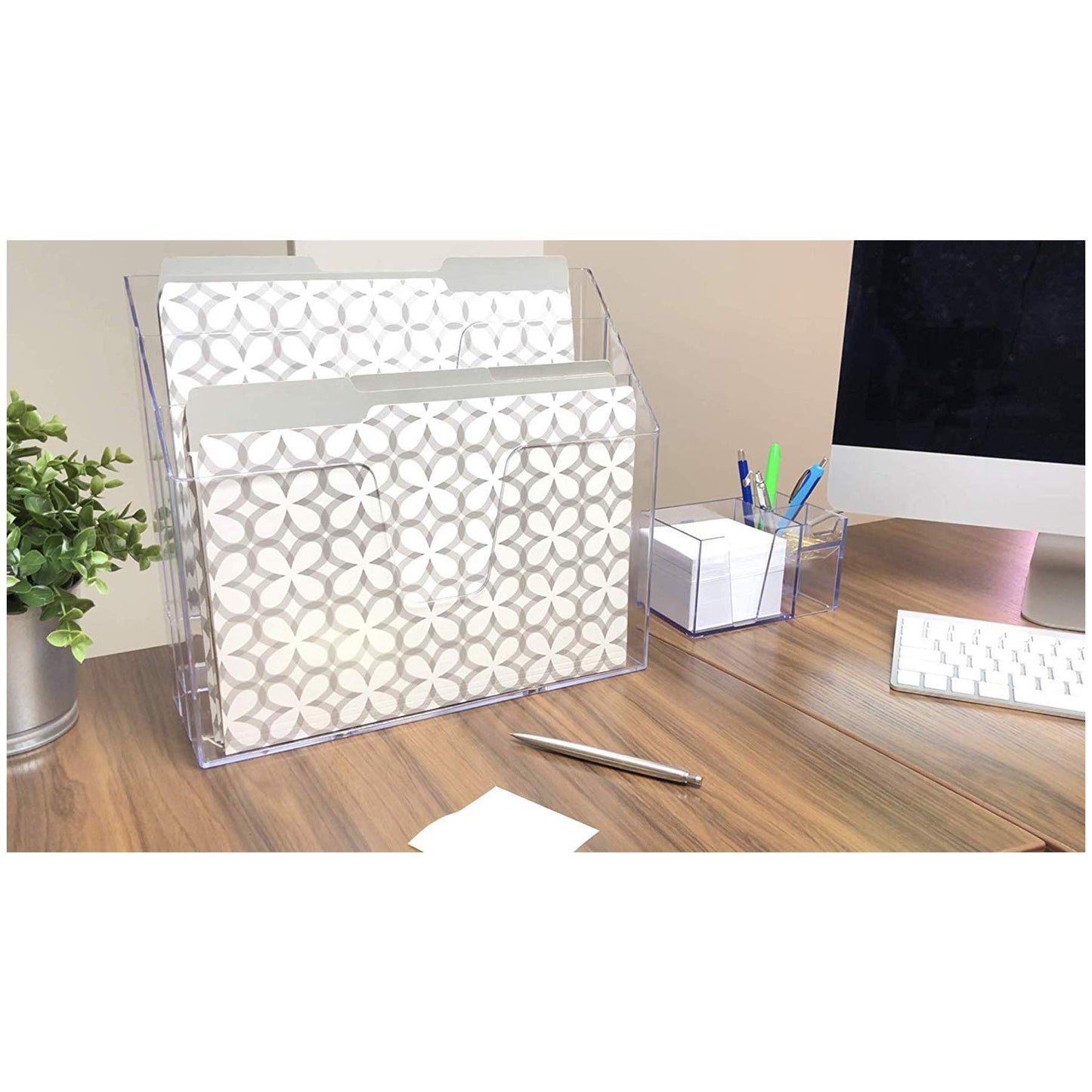 Acrimet Horizontal Triple File Folder Holder Organizer, Open Top Desktop Document Sorter for Letter Size Papers & Folders, Plastic (Clear Crystal)