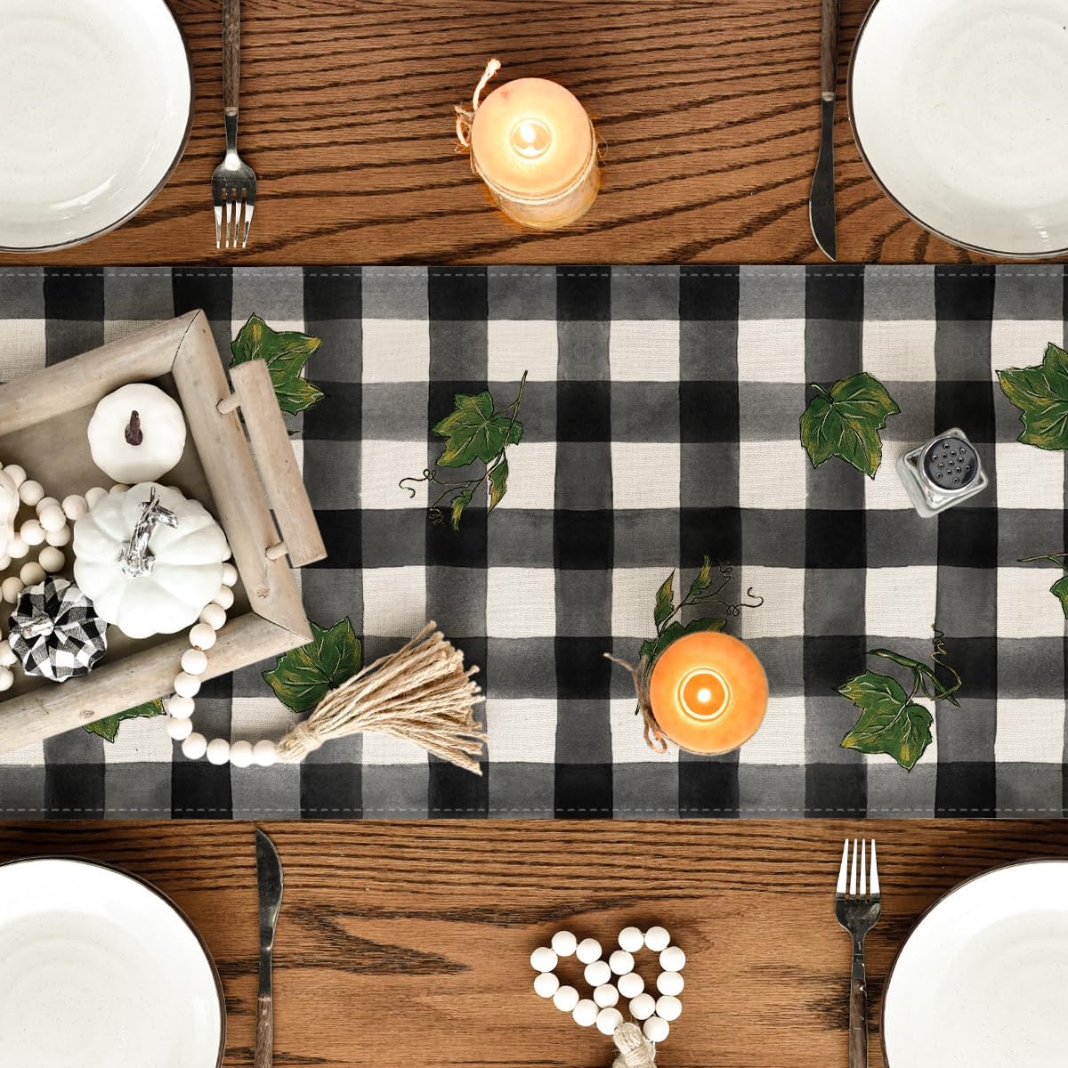 Artoid Mode Buffalo Plaid Bowknot Pumpkin Thankful Fall Table Runner, Autumn Thanksgiving Kitchen Dining Table Decoration for Home Party Decor 13x90 Inch