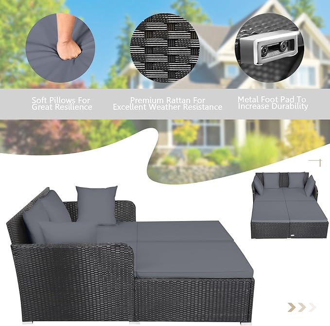 HAPPYGRILL Outdoor Rattan Daybed Patio Loveseat Sofa Set with Padded Cushion Pillows and Sturdy Aluminum Foot Wicker Patio Furniture for Garden Porch Poolside
