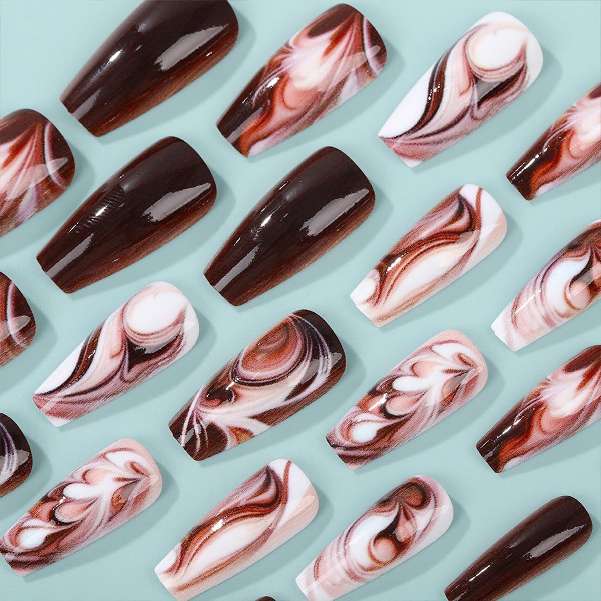 Brown Marble Press On Nails Medium Length Fake Nails Coffin Shaped Glue On Nails With Coffee Designs Glossy Acrylic Artificial Nail Reusable False Nails For Women Girls 24pcs