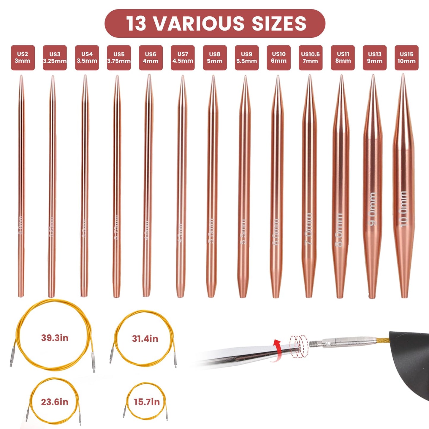 liomey Interchangeable Circular Knitting Needles Set - 13 Pairs (3mm-10mm) with 4 Flexible Cables, Aluminum Needle, Ergonomic Design for Beginners and Advanced Knitters, Rose Gold