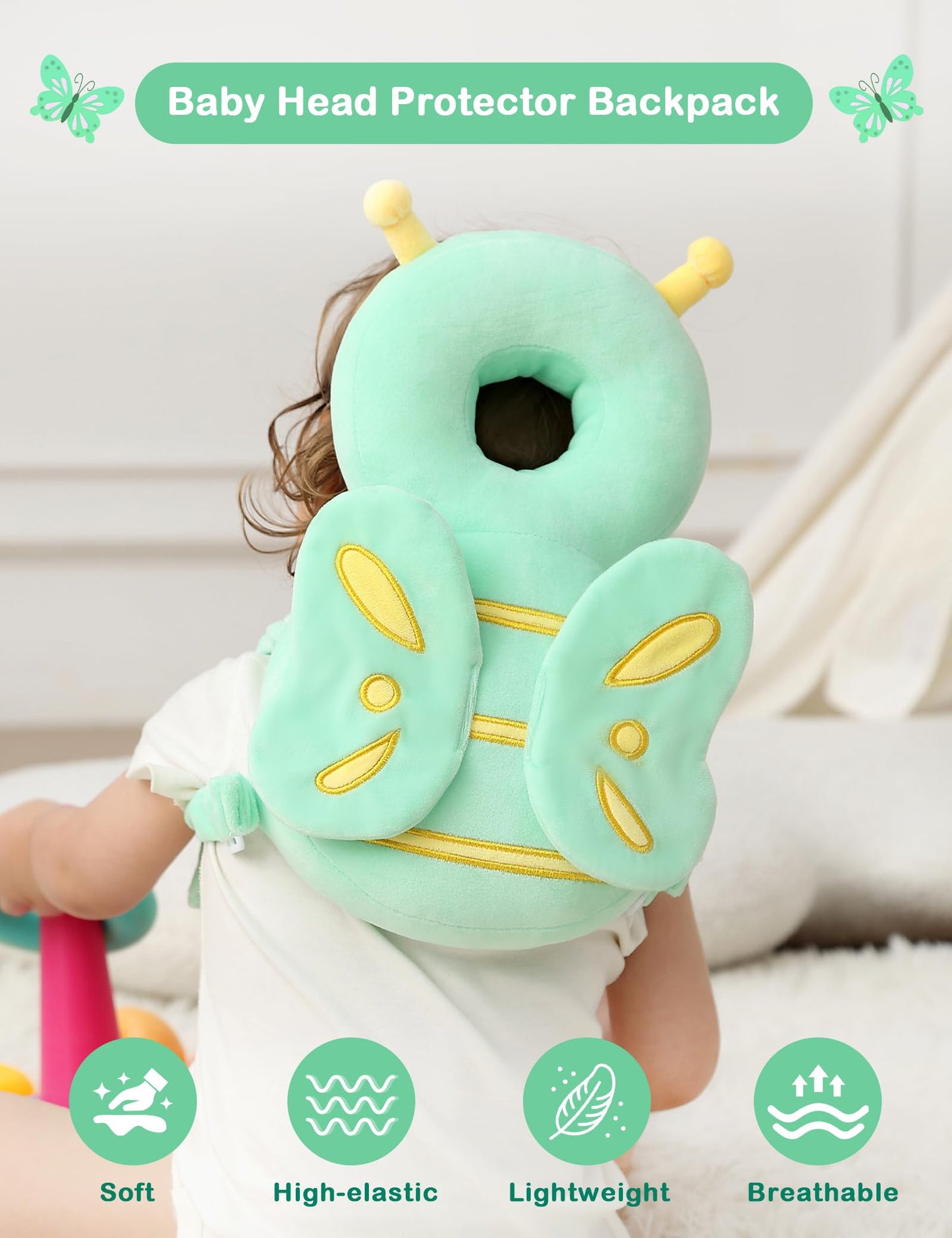 JunNeng Baby Head Protector Backpack, Toddler Fall Head Protection Cushion, Green Butterfly
