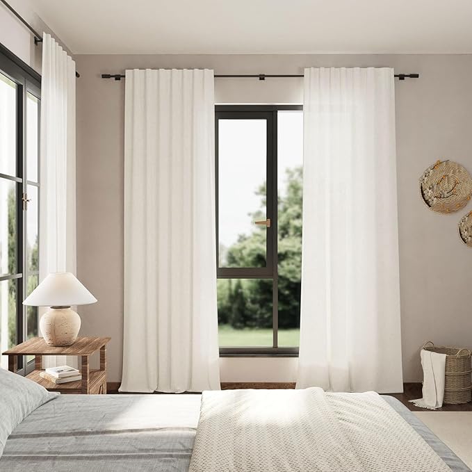Nanspring Beige White Linen Curtains 84 Inches Long for Living Room Privacy Coastal Decor Semi Sheer Curtain Back Tab and Rod Pocket Light Filtering Drapes for Bedroom, 2 Panels 40 X 84