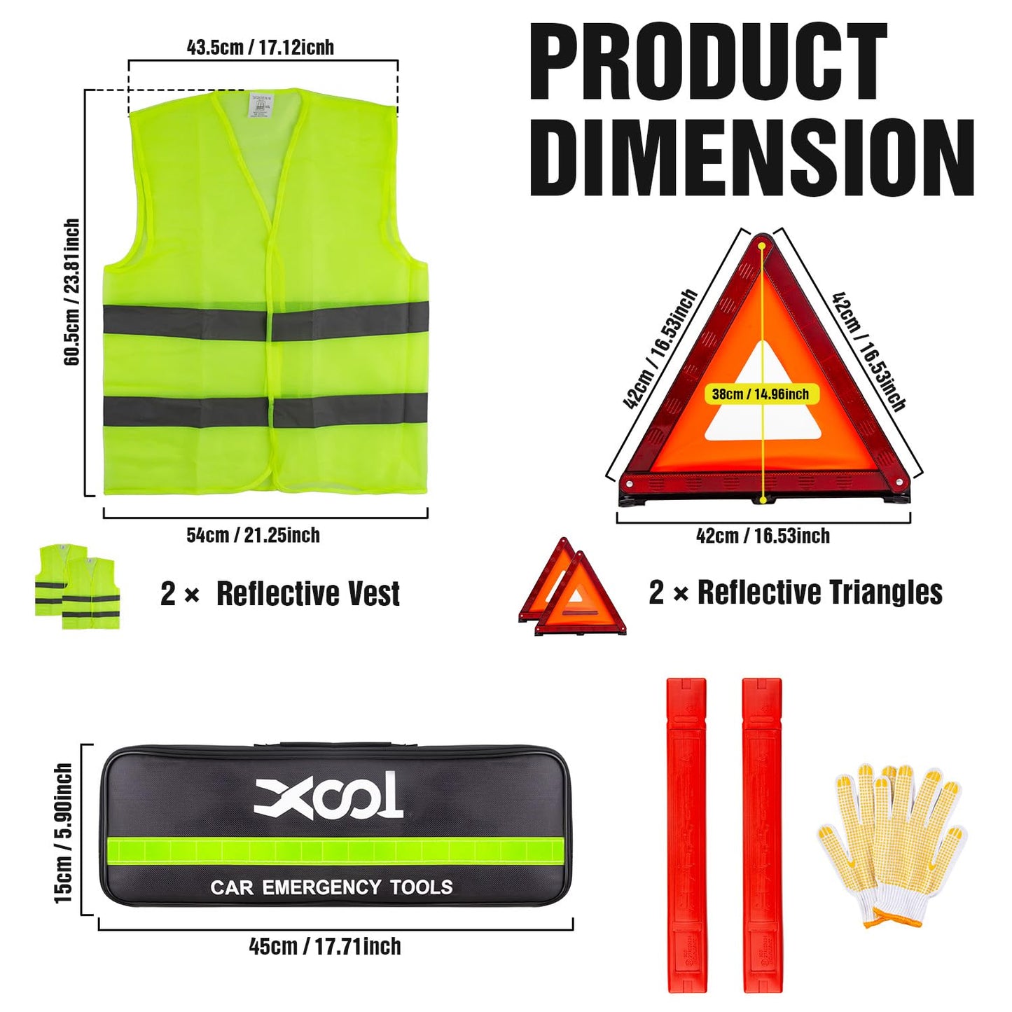 XOOL Emergency Warning Triangle Kit – Roadside Safety Kit with Reflective Warning Triangles, High-Visibility Safety Vests, Storage Bag & Gloves for Car Breakdowns & Emergencies