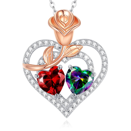 AGVANA January June Birthstone Jewelry Garnet Alexandrite Necklace Sterling Silver Rose Flower Heart Double Birthstone Pendant Necklace Anniversary Birthday Gifts for Women Mom Wife Lady Her