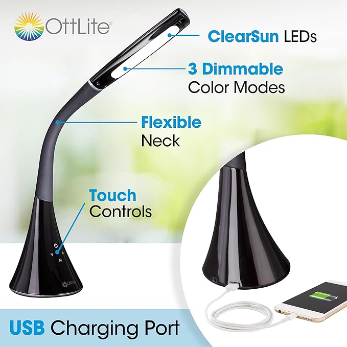 OttLite Swerve LED Desk Lamp with USB Charging, 3 Color Modes, Long-Lasting ClearSun LED, Flexible Neck, Touch Activated, Flexible Neck, Desk Light for Home Office, Reading