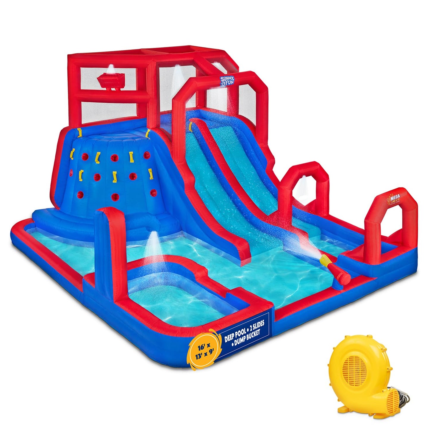 Sunny & Fun Mega Climb N’ Go Inflatable Water Slide Park – Heavy-Duty for Outdoor Fun - Climbing Wall, 2 Slides & Deep Splash Pool – Easy to Set Up & Inflate with Included Air Pump & Carrying Case