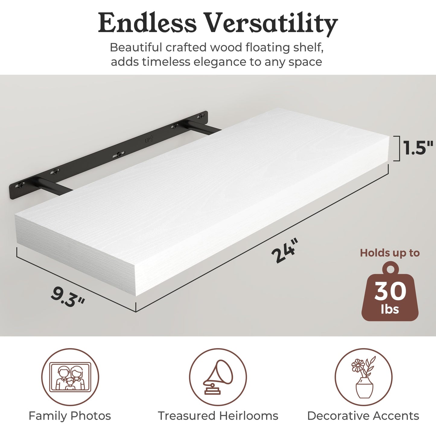 Ornawit White Floating Shelves for Wall, 9.3" Deep Wall Mounted Wood Shelves for Bathroom, Bedroom, Living Room, Kitchen, Hanging Shelf for Books/Storage/Room Decor (White, 24")