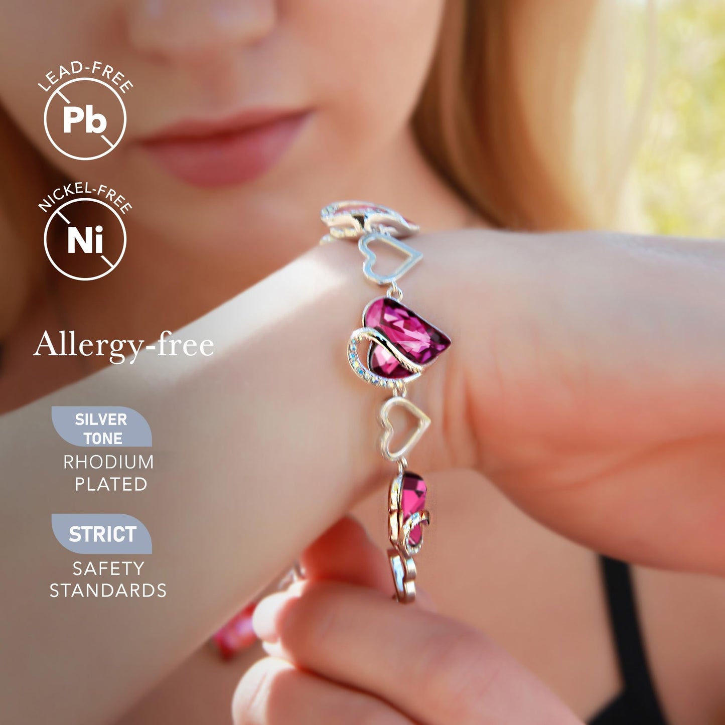 Leafael Infinity Love Heart Gift Bracelet for Women, October Birthstone Crystal, Tourmaline Hot Pink, Silver Tone, 7-inch Chain and 2-inch Extender