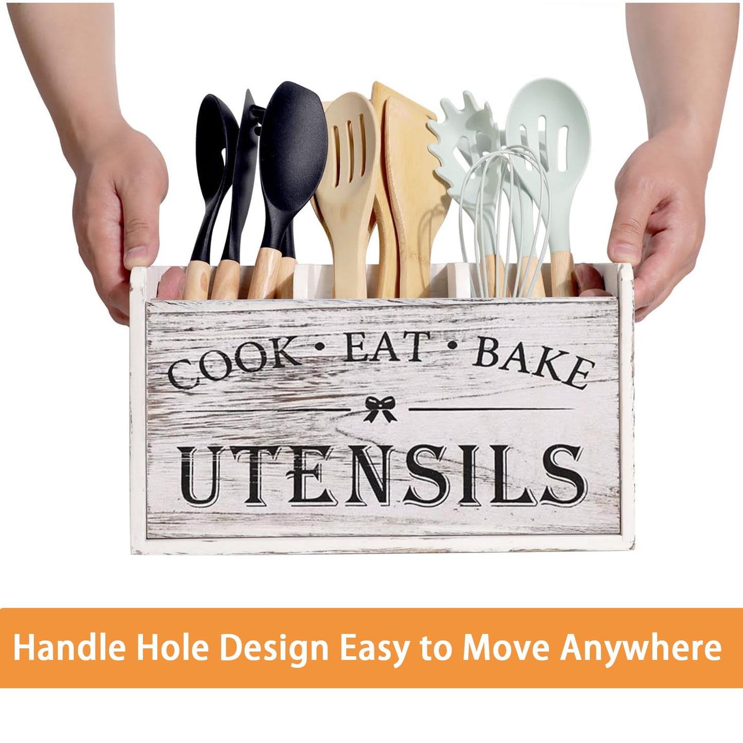 VANEME Utensil Holder,Wooden Utensil Holder for Kitchen Counter, Cooking Utensil Organizer with 3 Compartments,Utensil Crock for Silverware Spoon Spatula