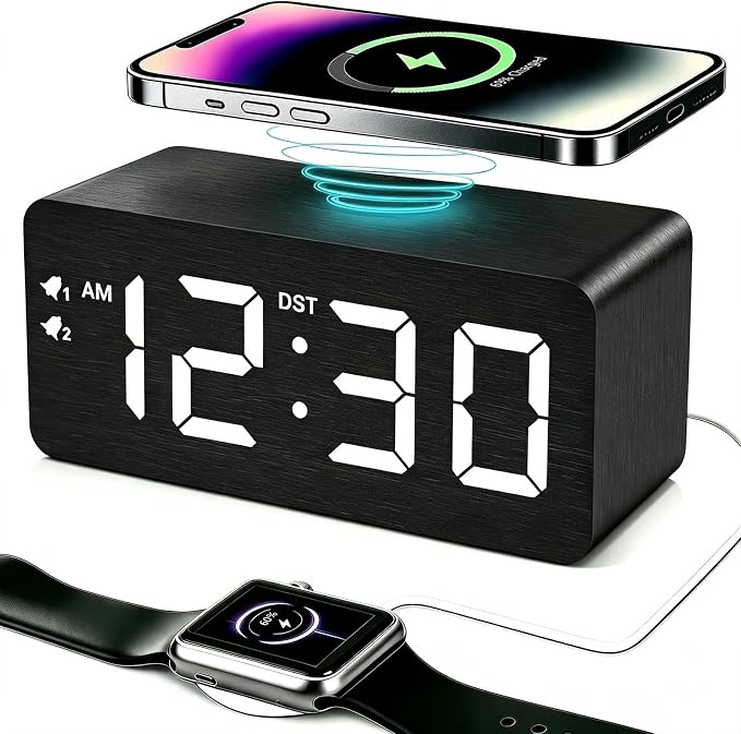URAYCO Wood Digital Alarm Clock with 10W Fast Wireless Charger, USB Charging Ports, DST, Dimmable, Snooze, Large Number LED Display for Bedrooms, Desk, Living Room Table, Bedside, Nightstand (Black)