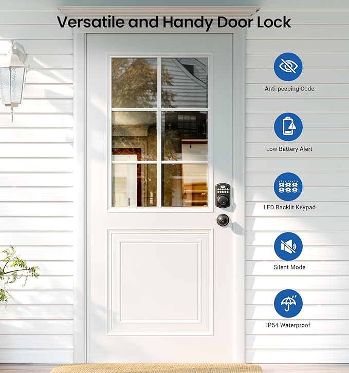 Veise Keyless Entry Door Lock with 2 Knobs, Electronic Backlit Keypad Deadbolt with Handle Set, Auto Lock, One-time Codes, Smart Deadbolt for Front Door, Easy Installation, Matte Black