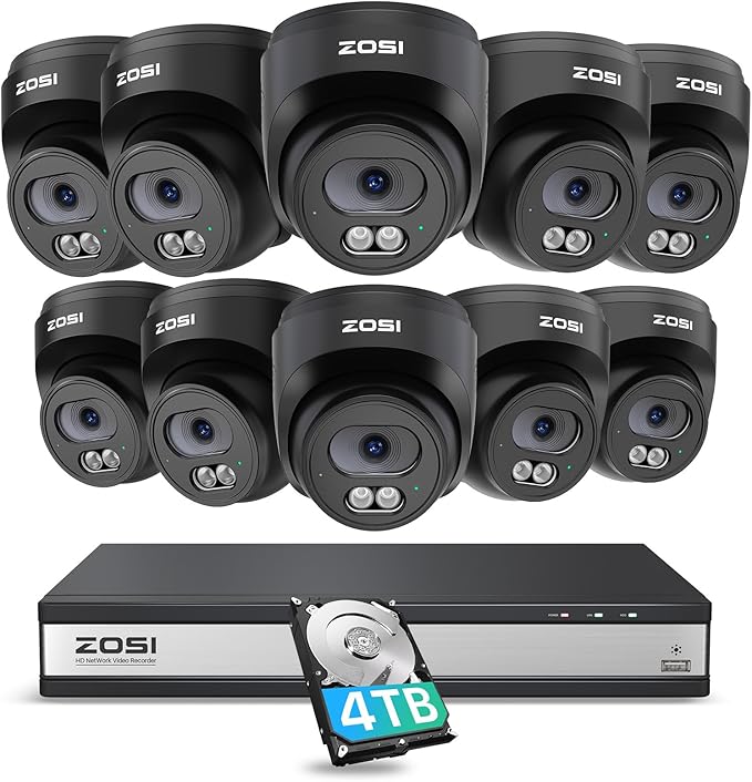 ZOSI C220 16CH 4K PoE Home Security Camera System, 16 Channel 4K 8MP NVR with 4TB HDD for 24/7 Record, 10 x 4MP(1440p) QHD 2.5K Dome IP Cameras Outdoor Indoor, Smart AI Human Detection, Two-Way Audio