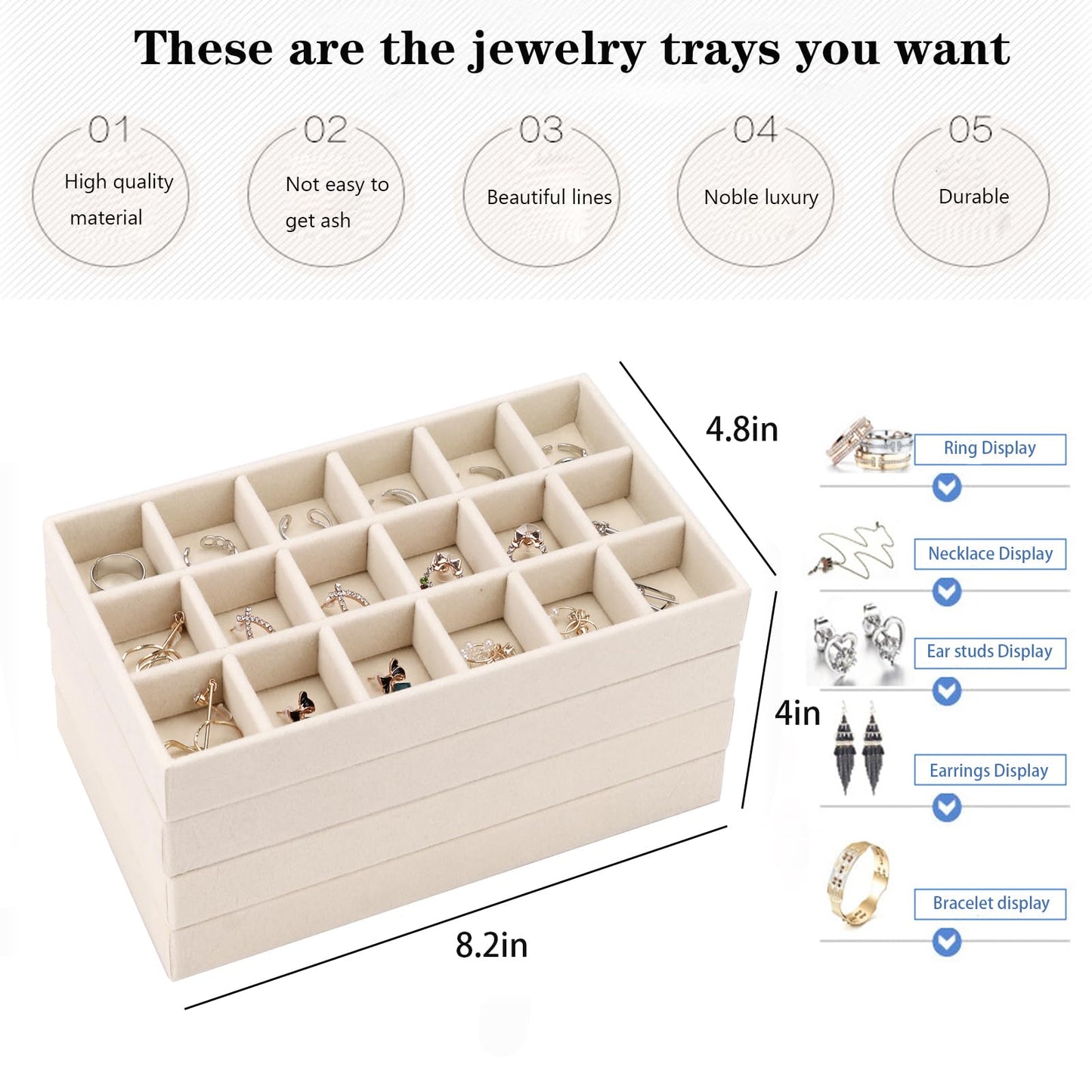 AIRZSNRY Velvet Jewelry Organizer for Drawer, Stackable Jewelry Drawer Inserts in Dresser, 8in Beige Storage Display Case for Rings Stud Necklaces Accessories, Set of 12