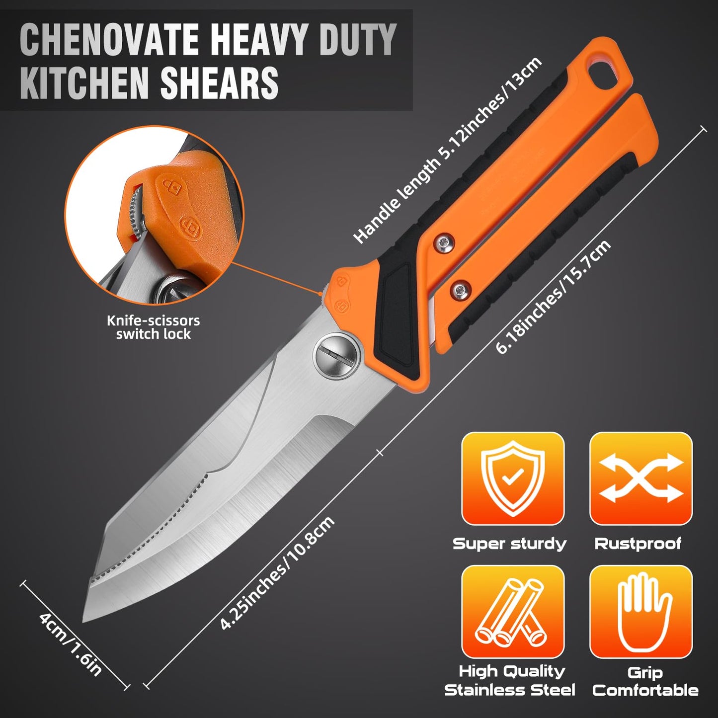 Chenovate® Heavy Duty Kitchen Scissors,Kitchen Shears with Knife & Scissor Switch Lock,Food Scissors Fit for Poultry Bones,Turkey,Meat Cutting,Veggies,Fish,Pizza(black)