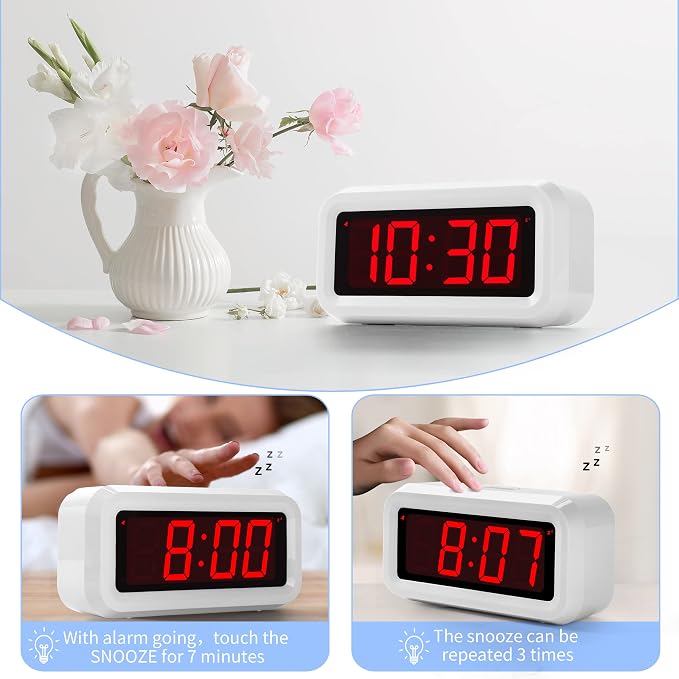 Alarm Clock, Digital Clock, Auto Night-Mode, 3-Level Led Brightness, Battery Powered, 12/24Hr, 1.2'' Red Digits Display, Simple Alarm Clock for Kids Adults Girls Boys, Easy to Set, Easy to Read