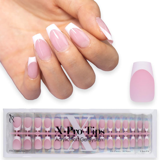 SXC Cosmetics French Tip Press On Nails Pink Short Coffin 160 Pieces in 16 Sizes Ultra Fit with Pre-applied Tip Primer and Base Coat, No Need to File Fake Nails for Nail Art DIY X-Pro Tips