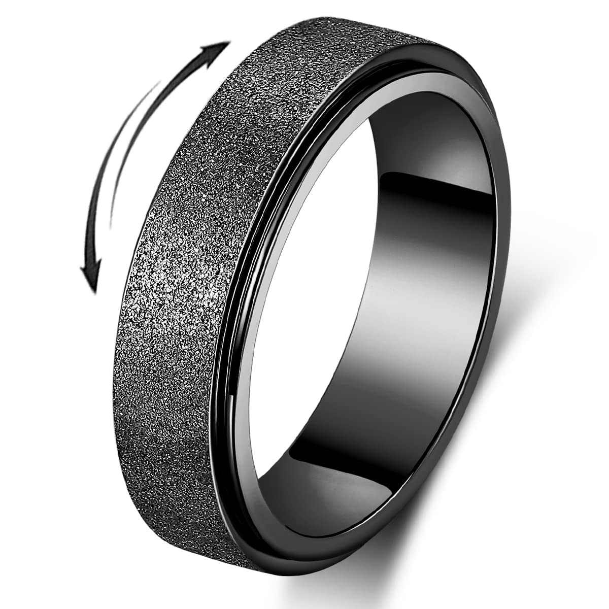 Titanium Stainless Steel Anxiety Ring for Women Men Fidget Spinner Ring Size 10 Width 6MM Black Sand Blasted Finish