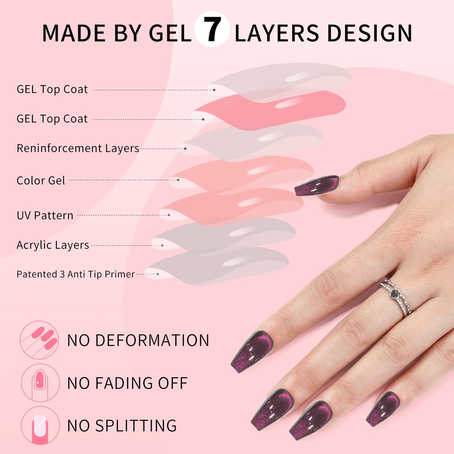 Purple Cat Eyes Press On Nails for Women Girls, 12 Size-24 Pcs Purple Medium Coffin Fake Nails, Skycloud Reusable Stick On False Nails SK0721