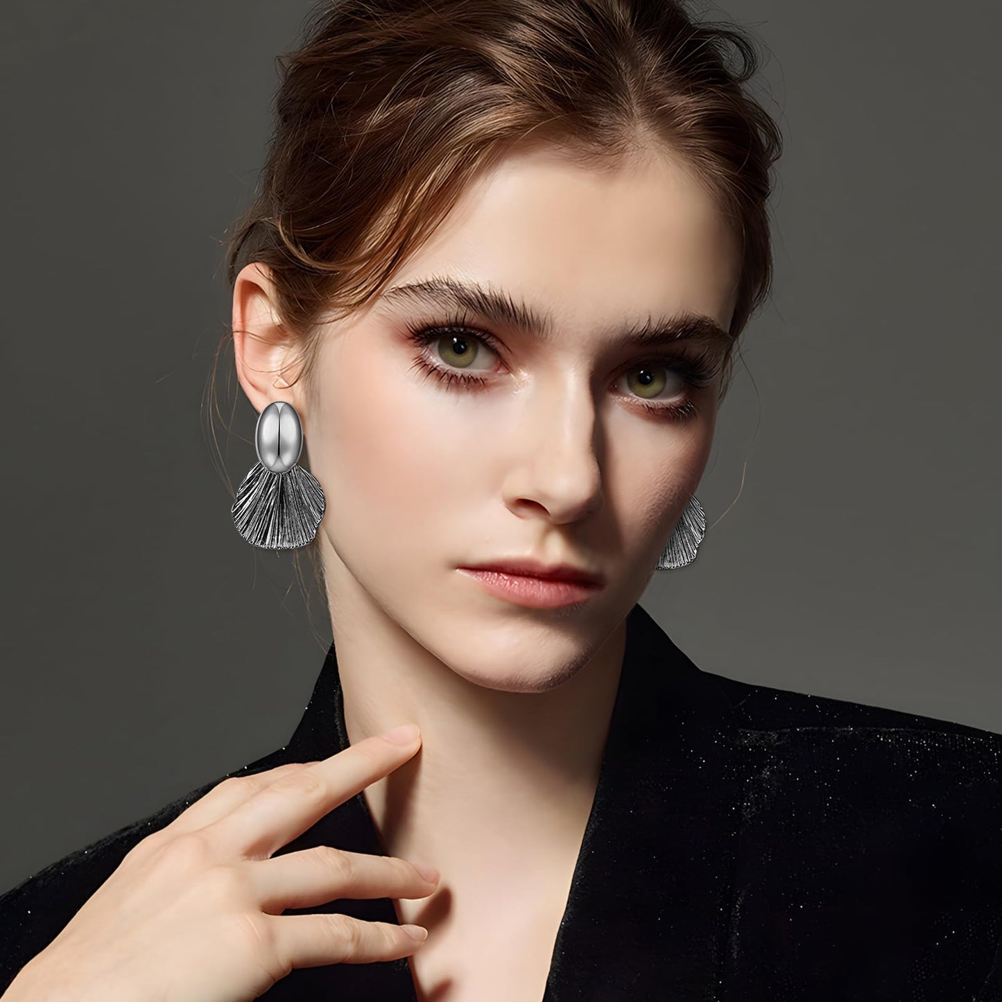 FILMOON Dangle Shell Earring for Women Two-Tone Fan-shaped Black Earrings Fashion Statement Jewelry