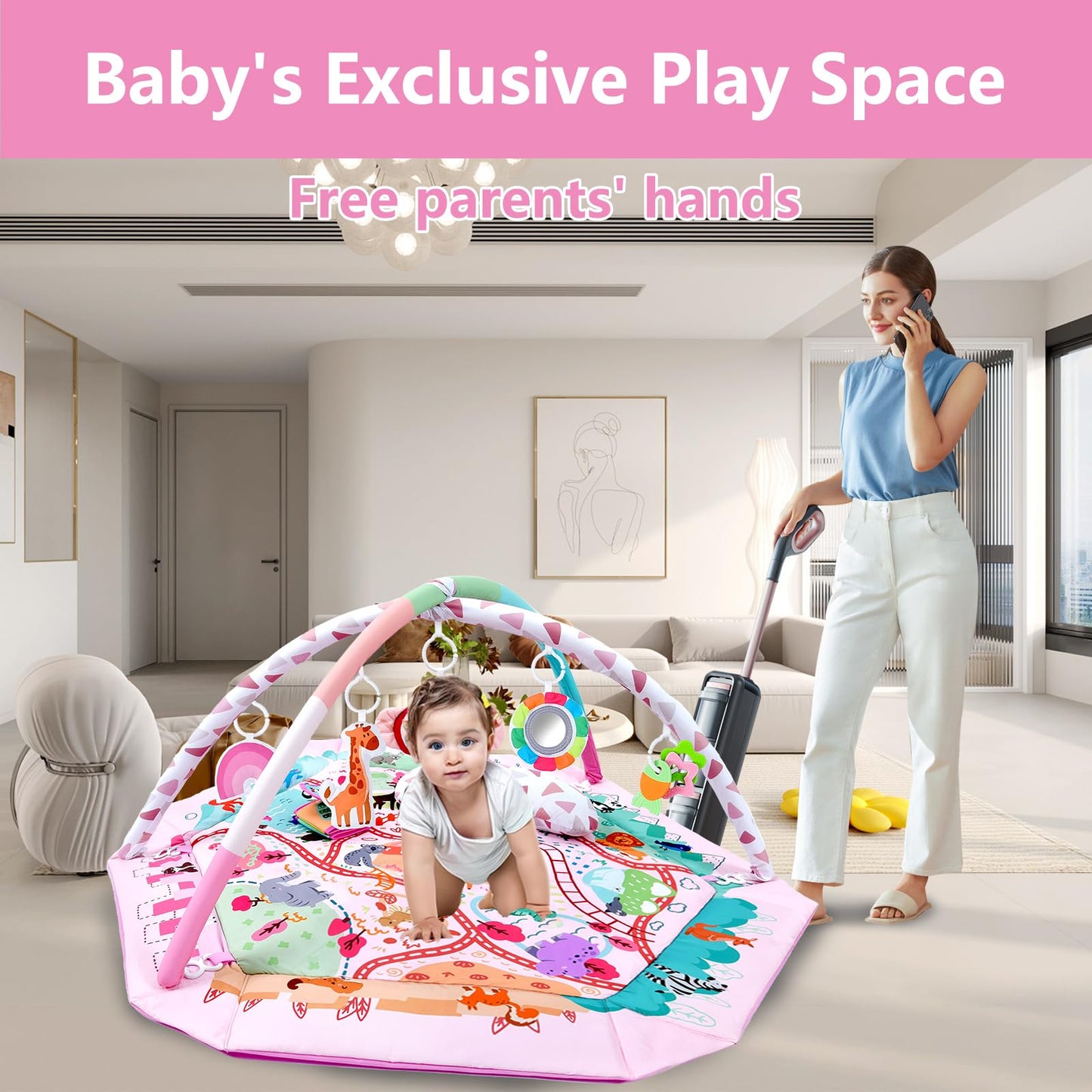 TFDER Baby Gym Play Mat, 8-in-1 Tummy Time Mat & Activity Gym, Washable Ball Pit, Infant Play Mat with Detachable Toys for Sensory Exploration and Motor Skill Development