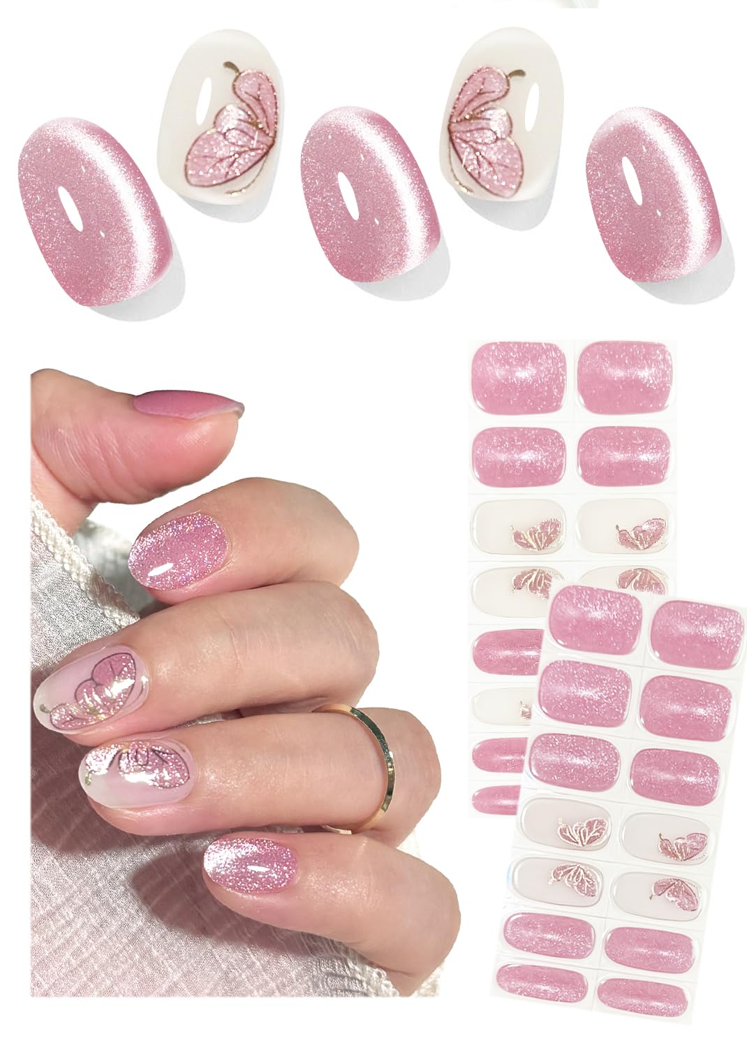 Semi Cured Gel Nail Strips, No LED Lamp Needed, Butterfly Cat Eye Gel Nail Stickers, Wraps for Home Manicure DIY