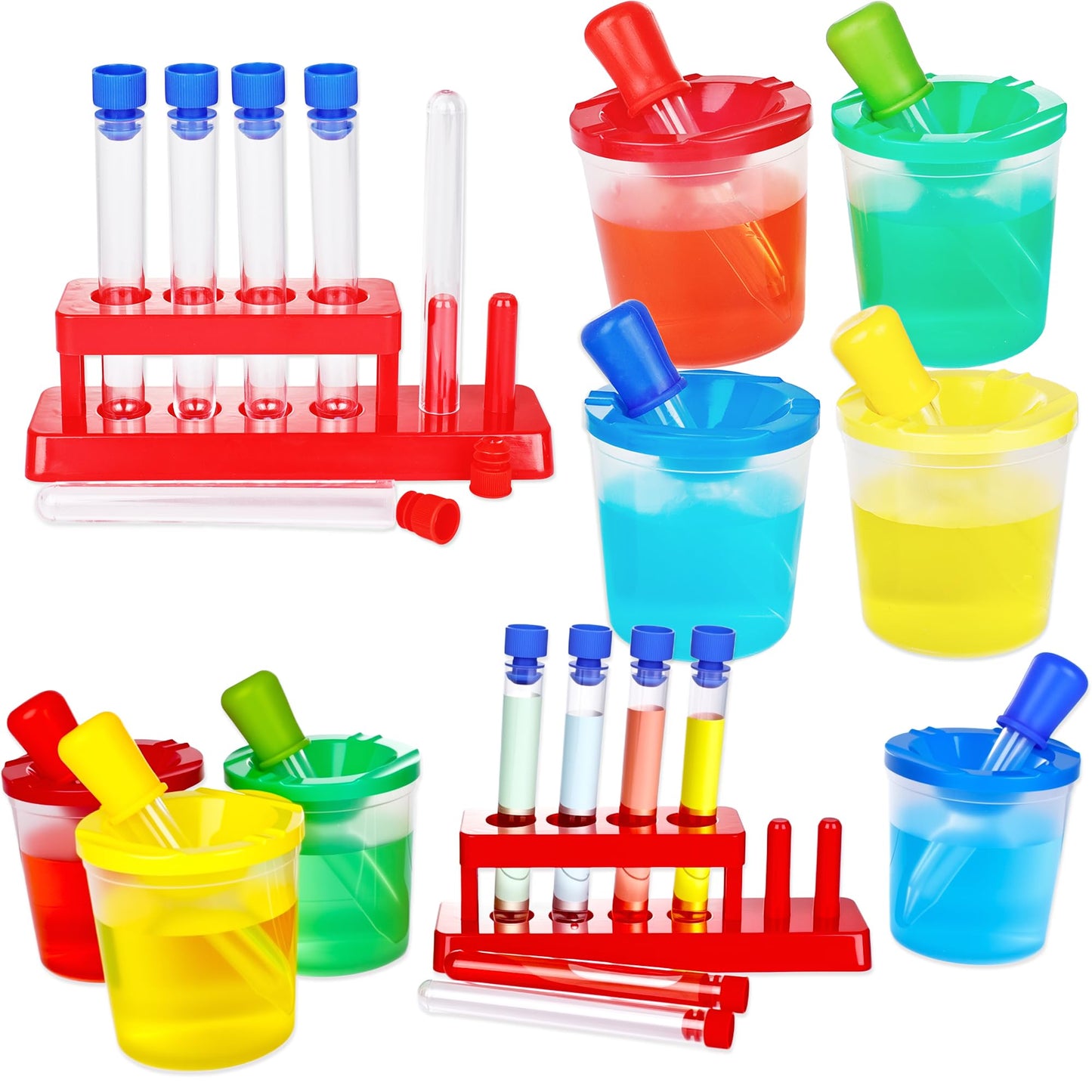 30 Pcs Science Test Tubes Set Include Clear Plastic Test Tubes with Caps Paint Cup Storage Stand Droppers for Kids Little Scientist Lab Party Supplies Color Science Experiments