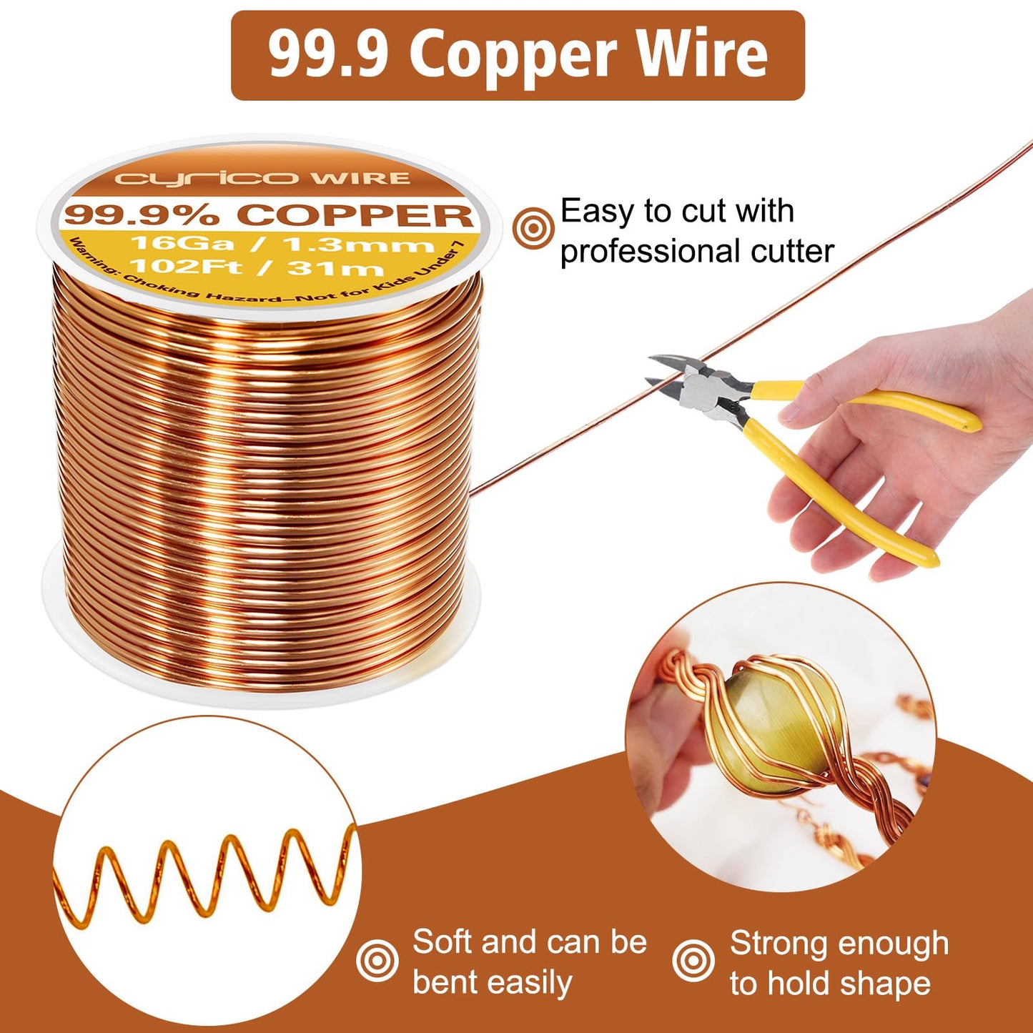 99.9% Pure Copper Wire, 16 Gauge 102 Feet Solid Copper Wire for Jewelry Making Crafts, Electroculture Gardening Antenna, Cyrico Bendable Soft Wire for Plants