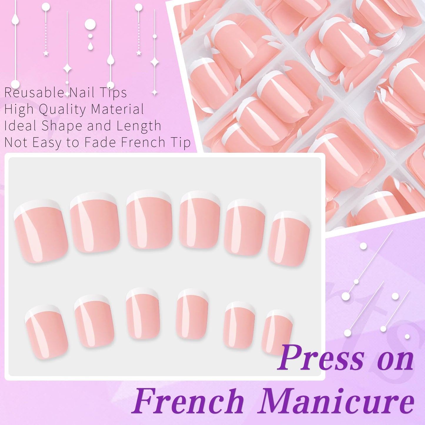 Lifextol 240pc French Tip Press on Nails Short With Glue and Adhesive Tab, False Acrylic Square Tips, Artificial Fingernail Stick-Ons