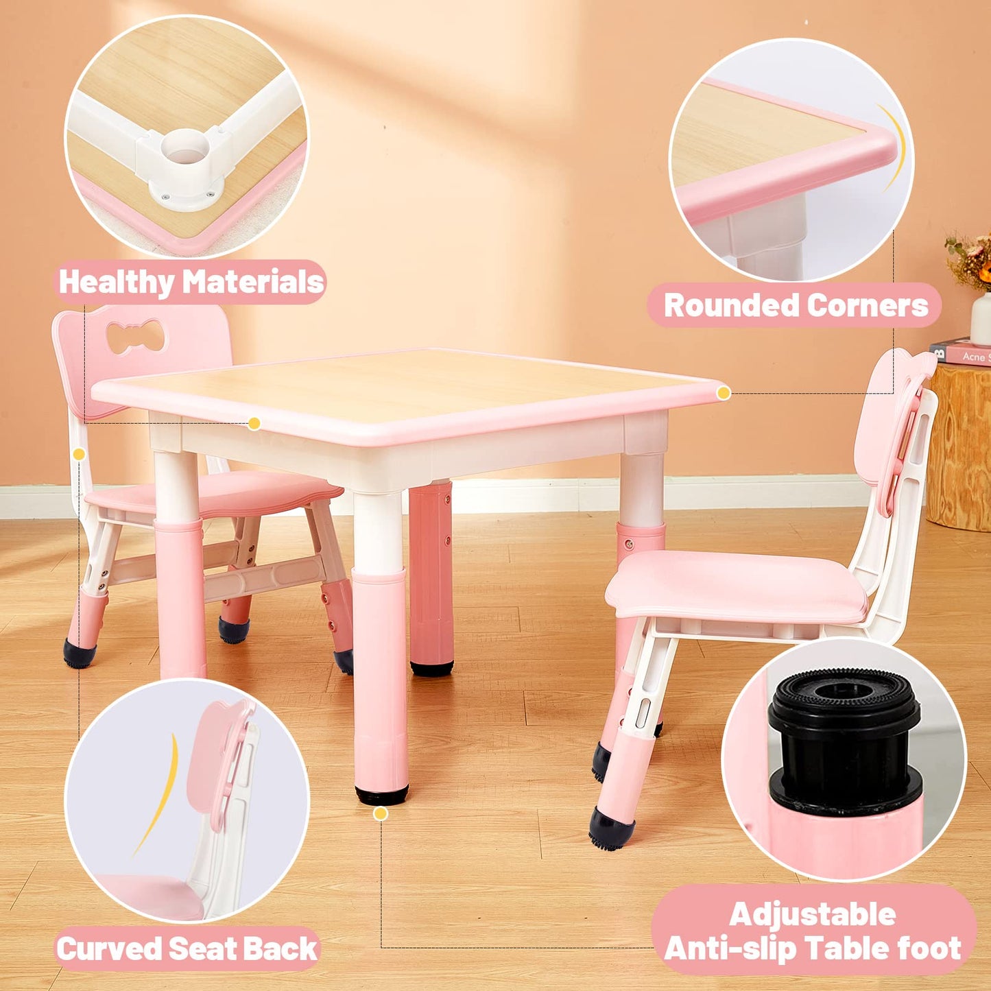 FUNLIO Kids Table and 2 Chairs Set, Height Adjustable Toddler Table and Chair Set for Ages 3-8, Easy to Wipe Arts & Crafts Table, for Classrooms/Daycares/Homes, CPC & CE Approved (3pcs Set) - Pink