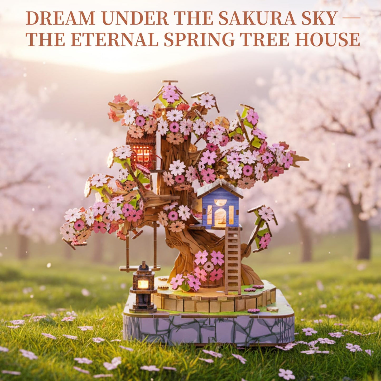 Sakura Tree House DIY Miniature House Kit for Adults, 564PCS 3D Wooden Puzzle with Light, Japanese Cherry Blossom Building Set, Wooden Craft Model Home Decor Gift