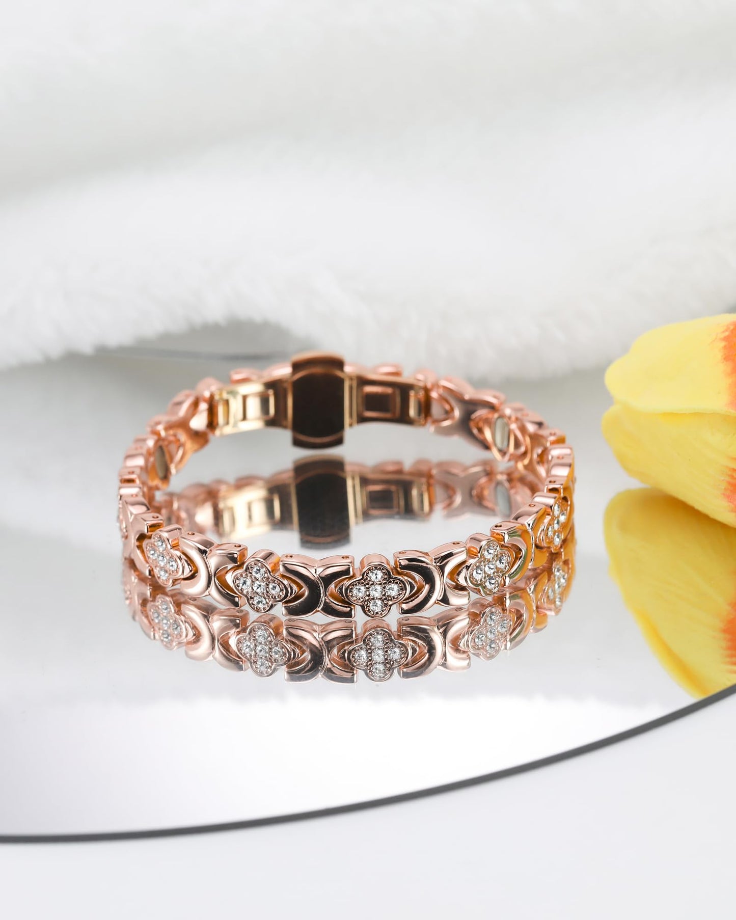 Jecanori 5X Strength Magnetic Copper Bracelet for Women —Updated 5,000 Gauss Ellipse Magnets — Premium Butterfly Clasp & Adjustable Length,Gold Rose Four-Leaf Clover