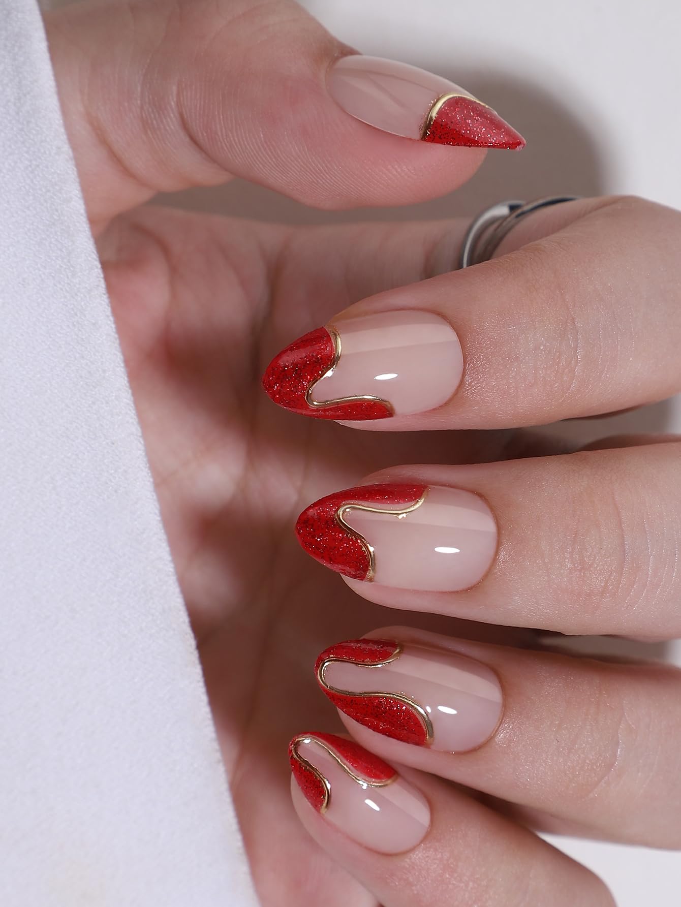 Hrnsnails Almond Press On Nails, Glue On Nails Short Fake Nails Red French Tip Nails with Golden Lines Designs, Acrylic Nails Press On Gel False Nails,Artificial Nails Stick On Nails for Women