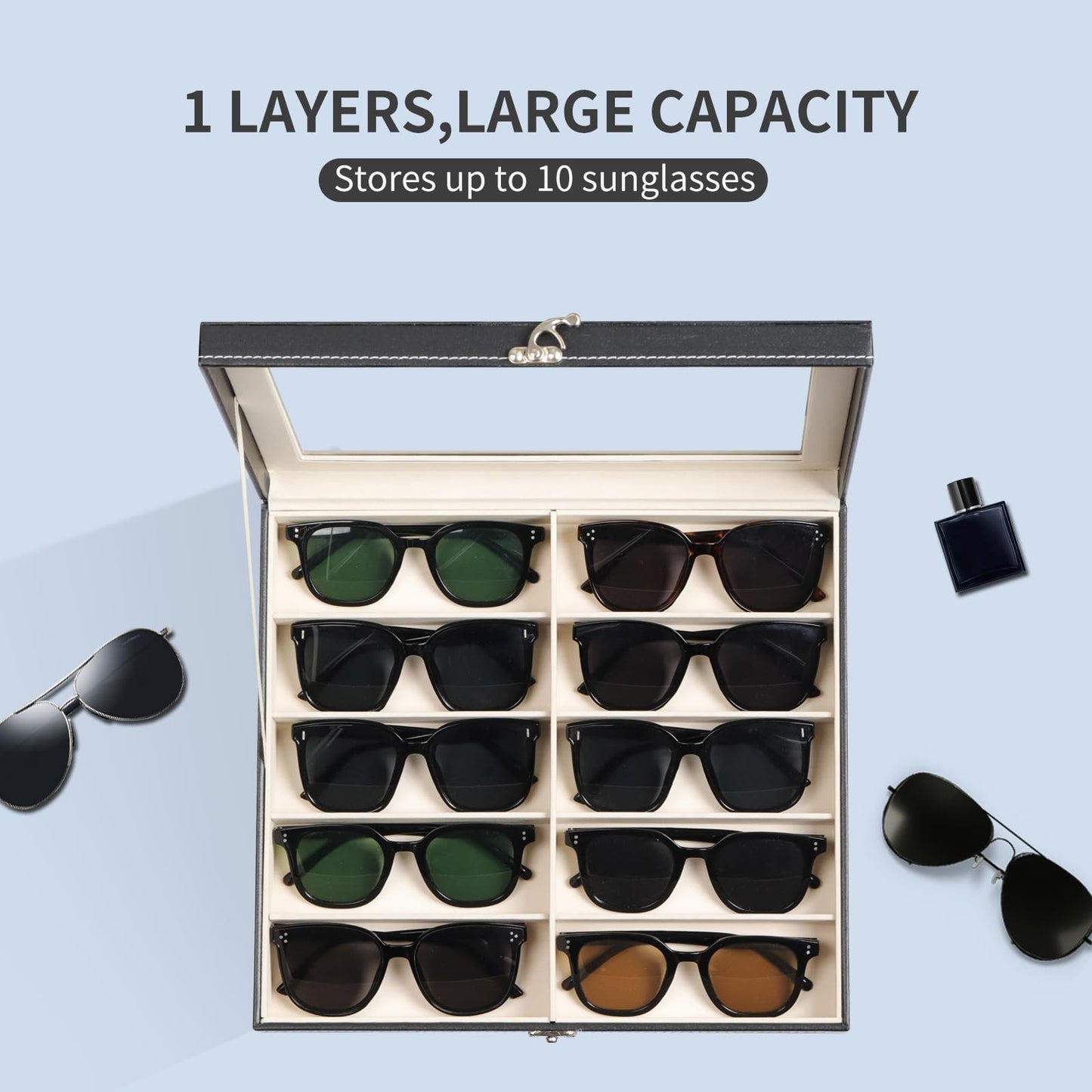 AUTOARK Large Top Glass Lid Sunglasses Organizer Case,10-Slot PU Leather Lockable Storage Box for Eyeglasses,Watch,Jewelry,Gift for Home,Black,MKAW-111